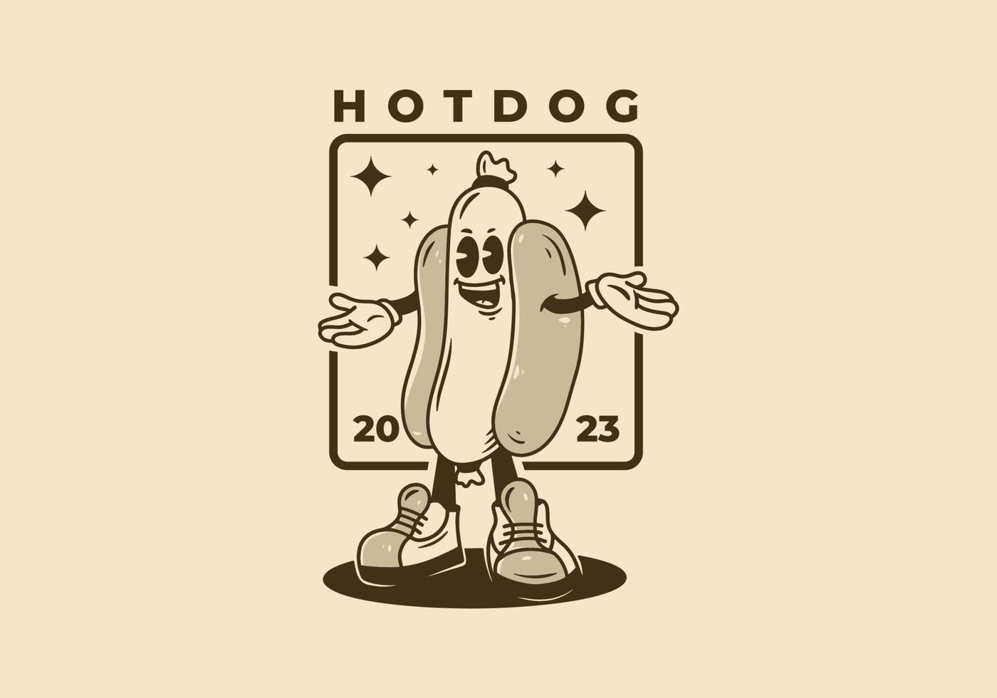 Mascot character design of standing hotdog badge vector