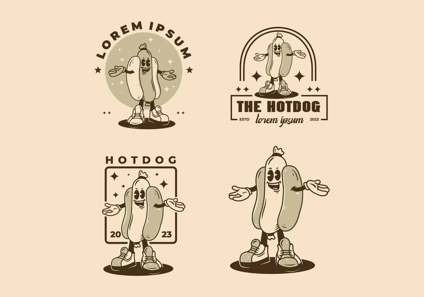Mascot character design of standing hotdog badge vector
