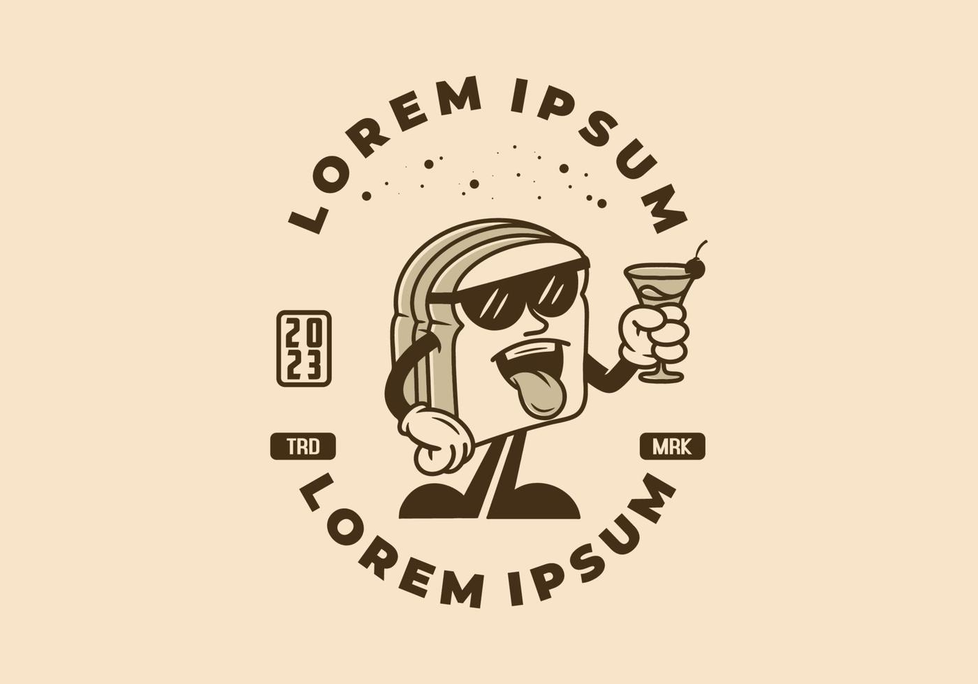 Illustration character badge design of a bread holding a drink vector