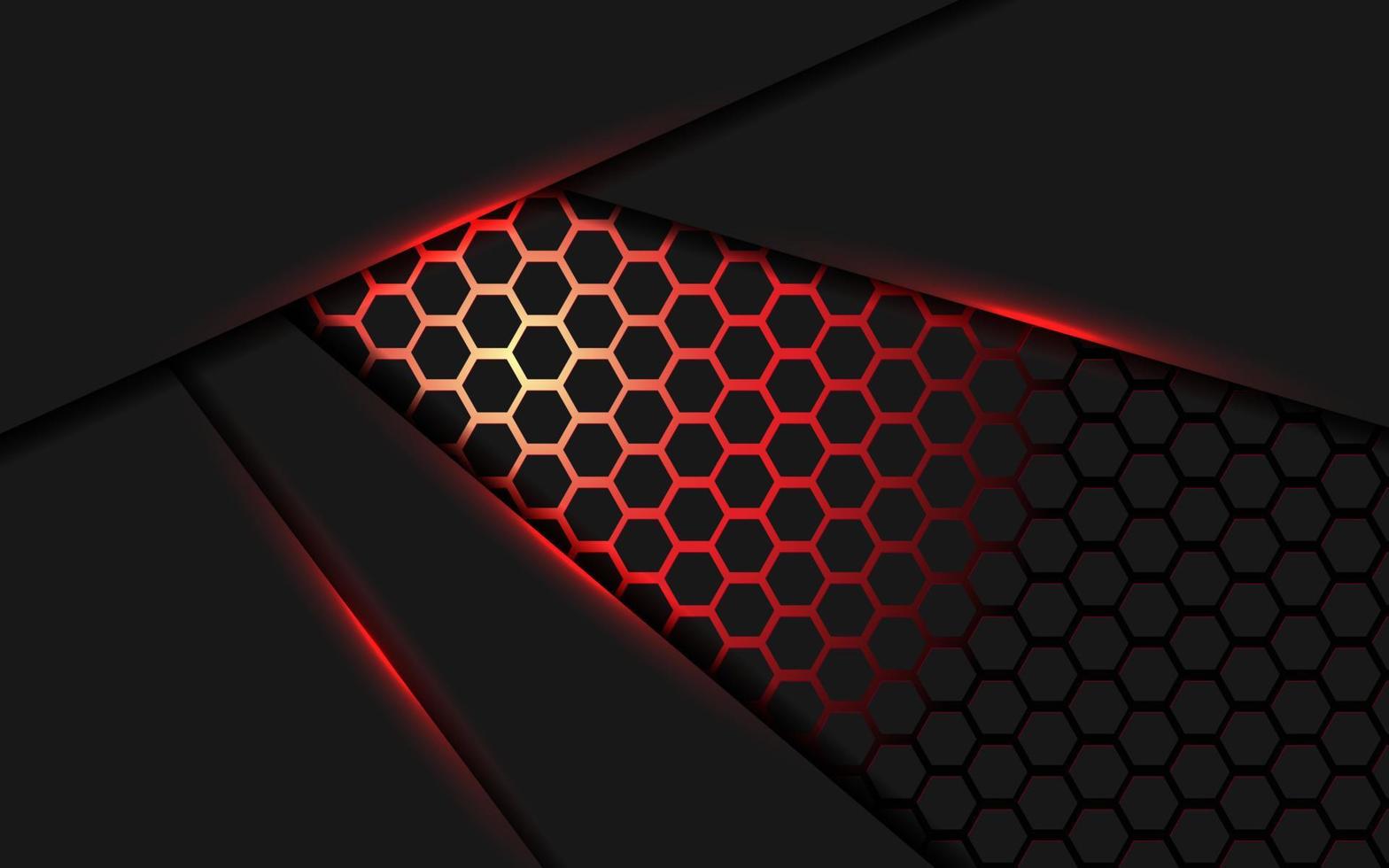 Dark abstract red light background gradient shapes with hexagon mesh pattern decoration. vector