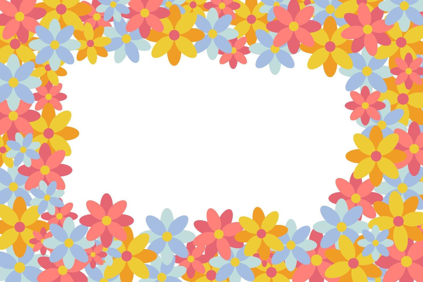 Flower frame made of bright flowers. Multi colored petals. Place for text. Copy space. Rectangular template, horizontal floral border. Vector illustration