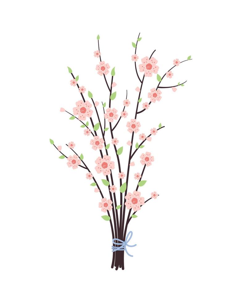 Blooming branches of cherry, sakura. Bouquet with spring buds, blossom and flowers. Design element for greeting cards, textiles, wrapping paper, wallpaper. Spring illustration on white background vector