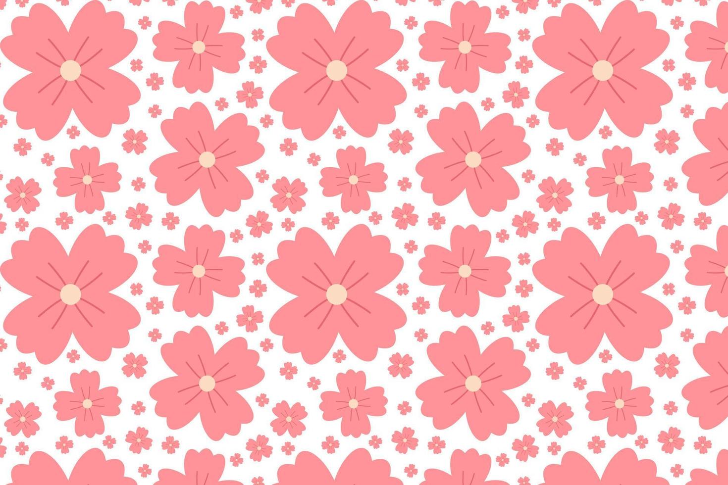 Seamless spring floral pattern with cute pink flowers. Beautiful flower with four petals. Botanical ornament. Nature background for fabric, textiles, paper, clothing. Vector flat cartoon illustration