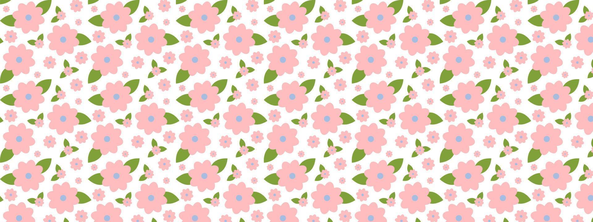 Seamless spring pattern with cute flowers and leaves. Botanical ornament with minimalistic elements in trendy color. Nature background for fabric, textiles, paper. Vector flat cartoon illustration