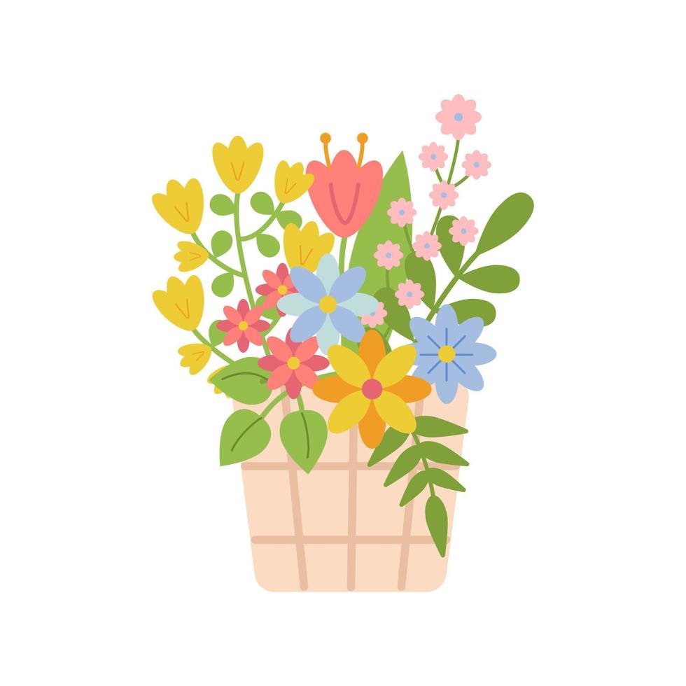 mimbre cesta con hermoso, brillante primavera flores mano dibujado, de colores garabatos para Pascua de Resurrección, vacaciones. infantil impresión para carteles, tarjetas, ropa, guardería. vector plano ilustración en blanco antecedentes