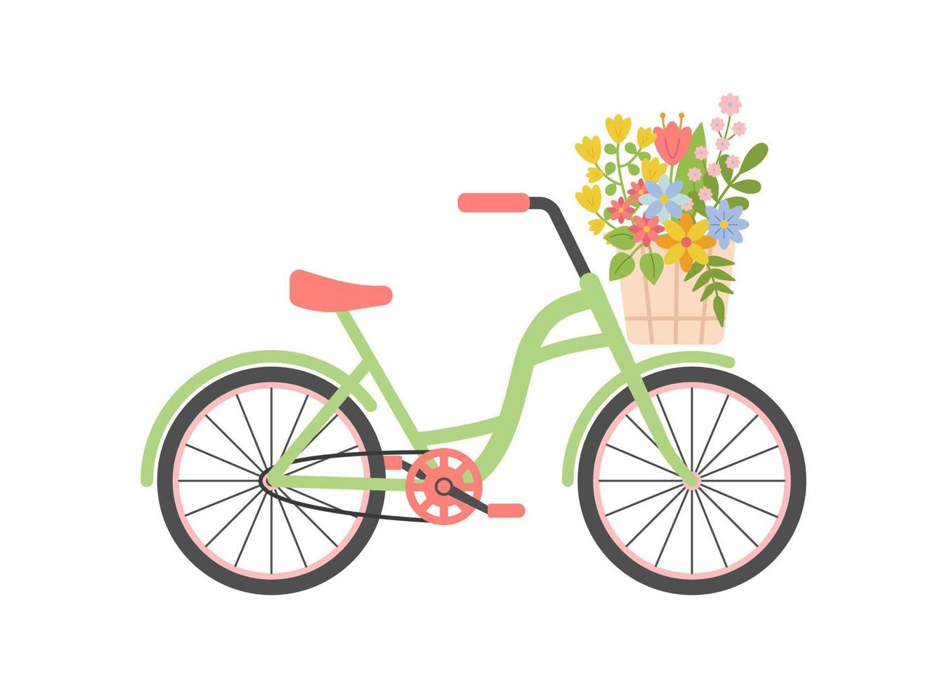 linda rústico bicicleta con vistoso flores en cesta. señoras De las mujeres ciudad retro bicicleta. primavera, verano viajar, ciclismo. floral Clásico viaje concepto. romance. vector ilustración en blanco antecedentes