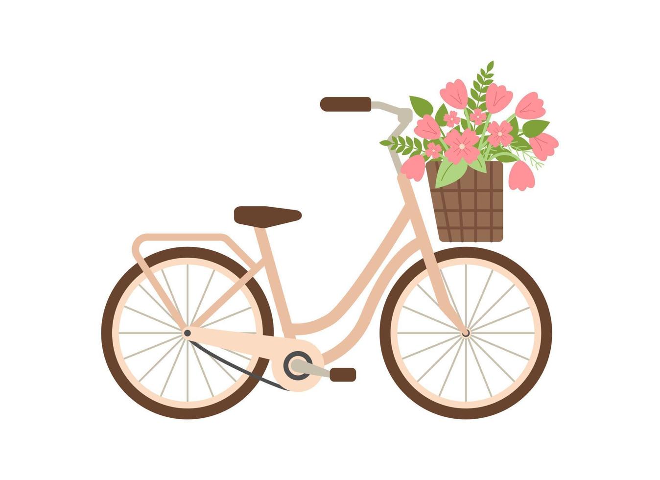 Cute Ladies bicycle with basket of spring flowers. Women city retro bike. Summer travel, cycling. Floral vintage journey concept. Bouquet tulips. Romance. Flat vector illustration on white background