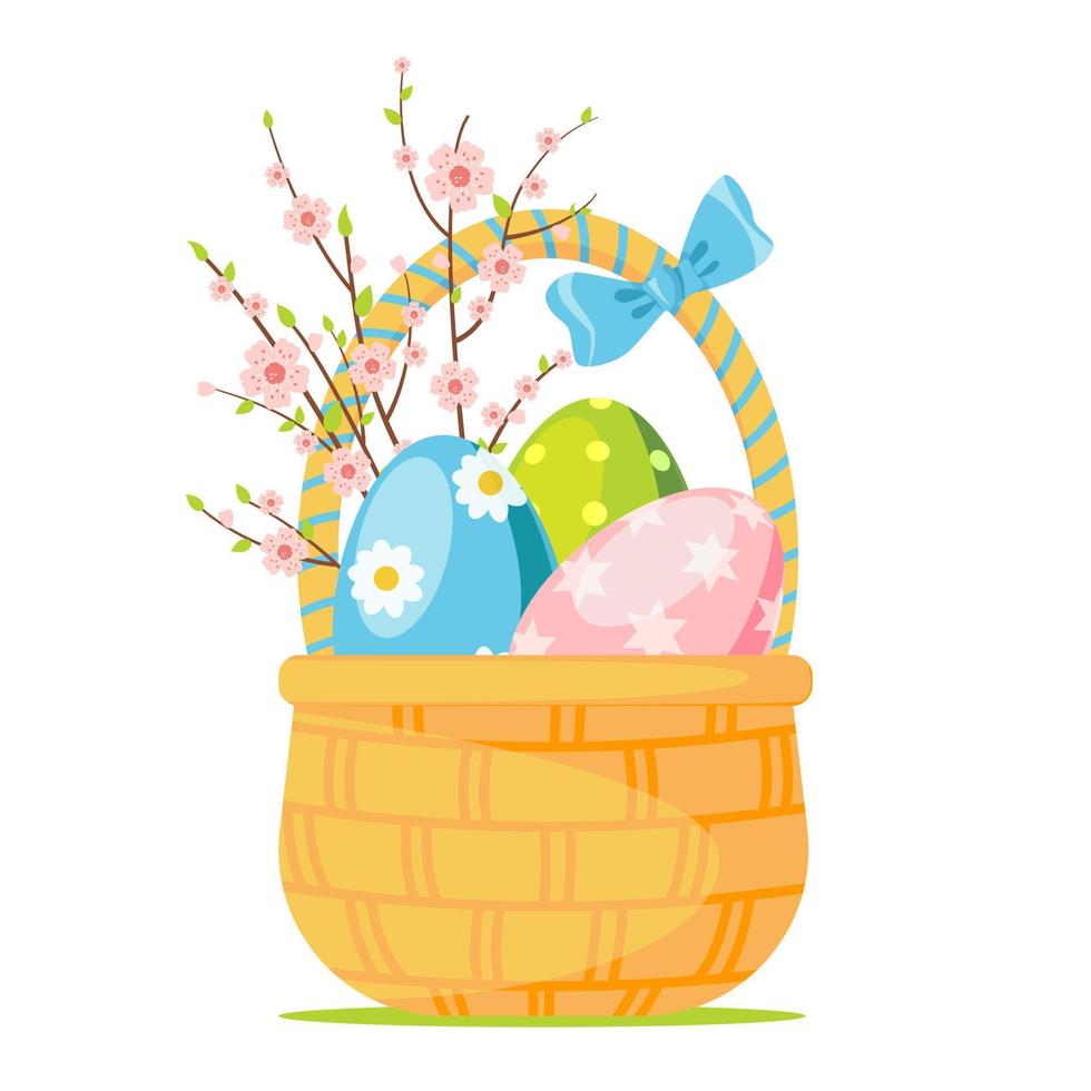 Wicker basket with colorful Easter eggs, spring Blossoming branches. Basket with bow. Cute illustration for greeting cards, textiles, printing for Easter. Vector, cartoon style on white background vector