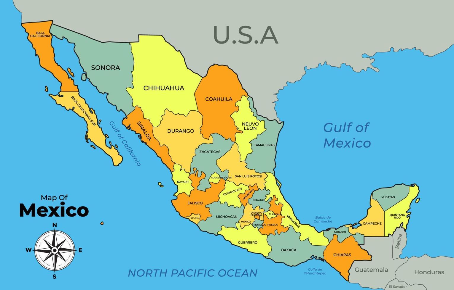 Map of Mexico with Surrounding Borders vector