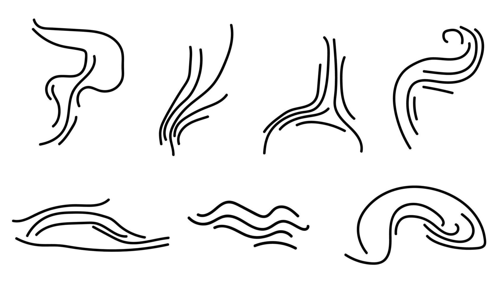 Set of vector hand drawn curved lines of different shapes and directions.