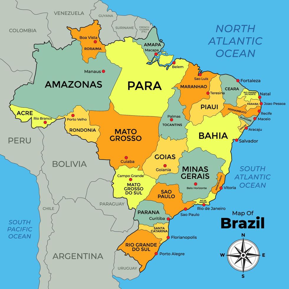 Map of Brazil with Surrounding Borders vector