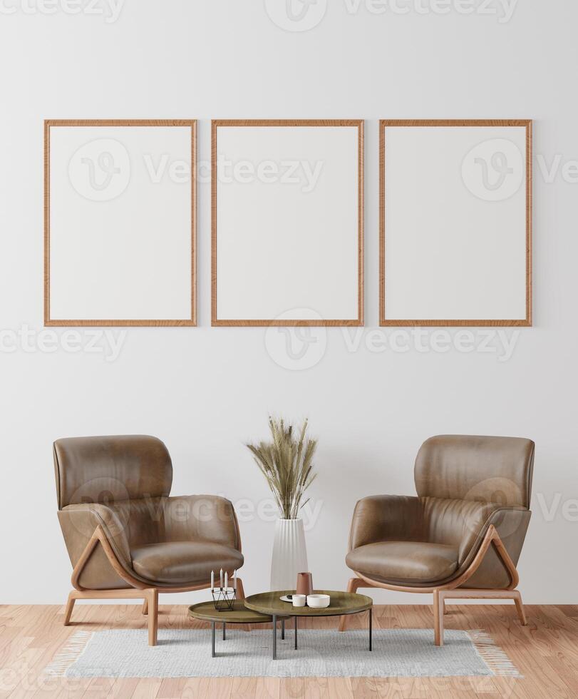 Picture frame attached to the wall, with chairs and vases placed on the table. photo