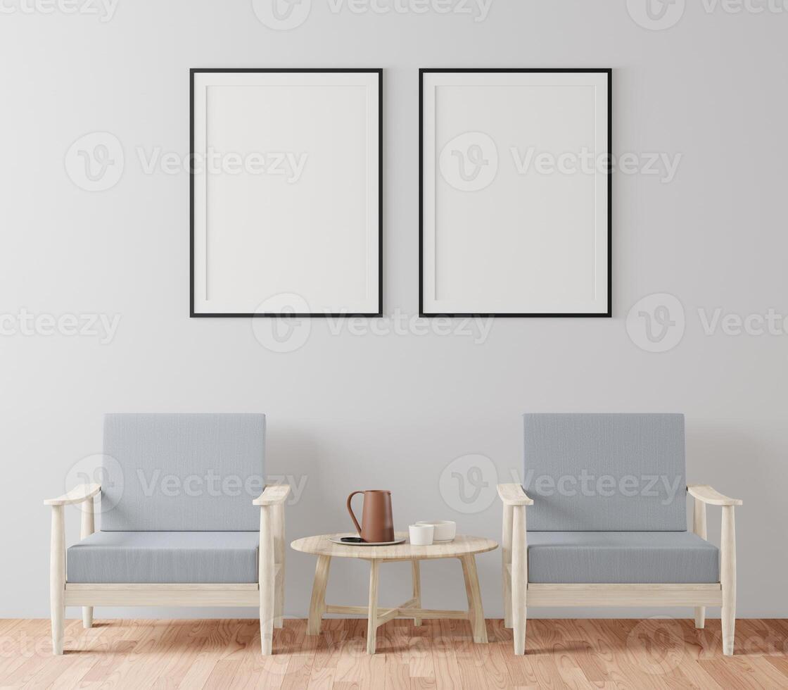 Picture frame attached to the wall, with chairs and vases placed on the table. photo