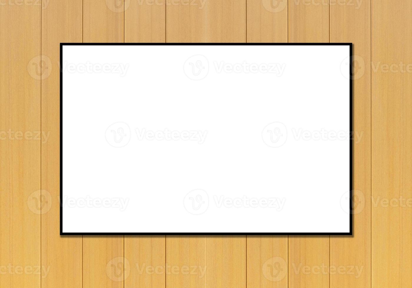 Mockup white picture frame on yellow wood line pattern texture background photo