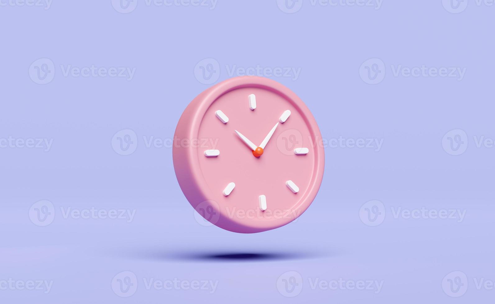 cartoon character pink alarm clock wake-up time morning with space isolated on purple or violet background. minimal design concept, 3d illustration or 3d render photo