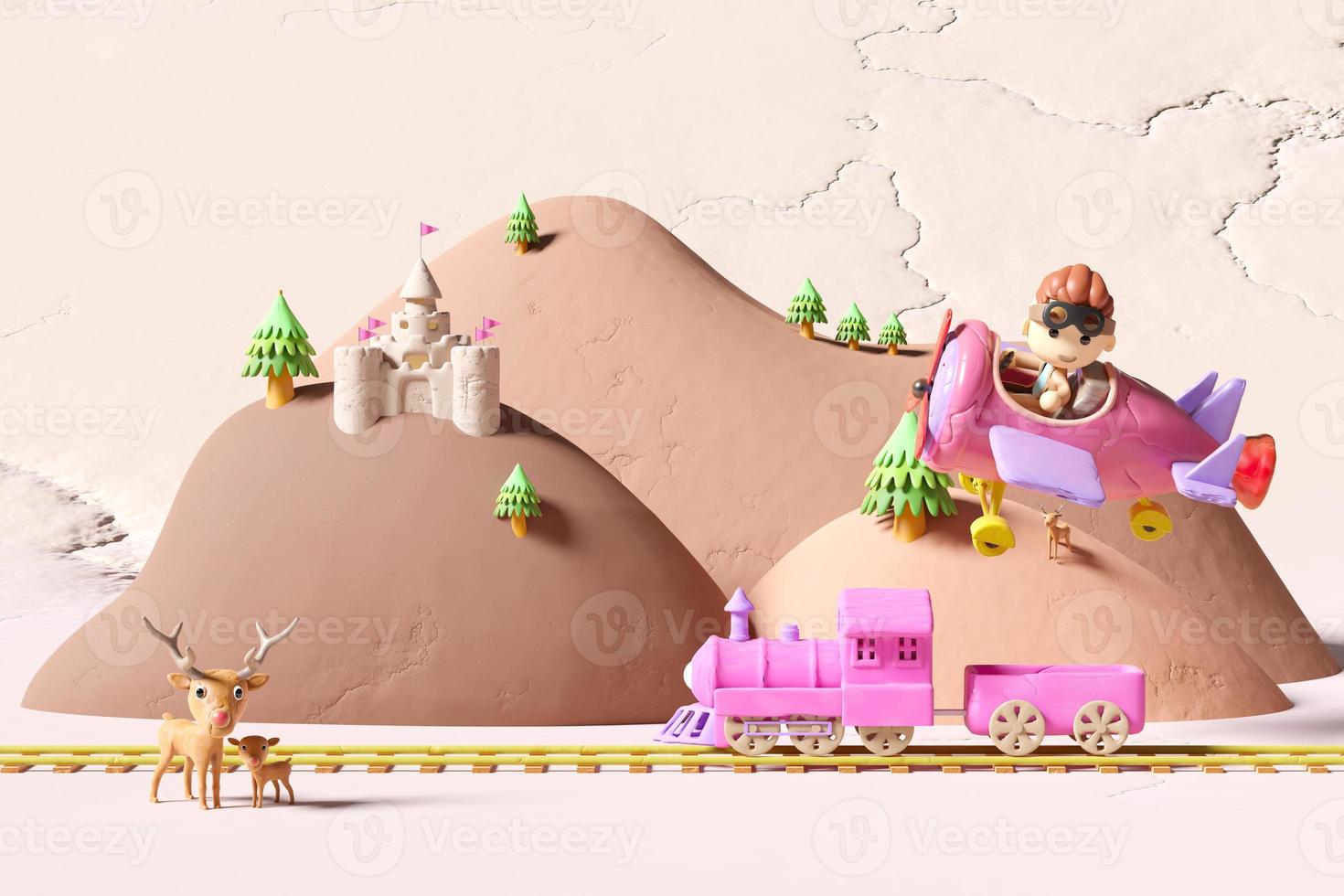 3d locomotive plasticine with pilot,  railroad tracks, propeller plane clay toy, landscape, castle, towers, fort isolated. clay toy icon concept, 3d illustration render, clipping path photo