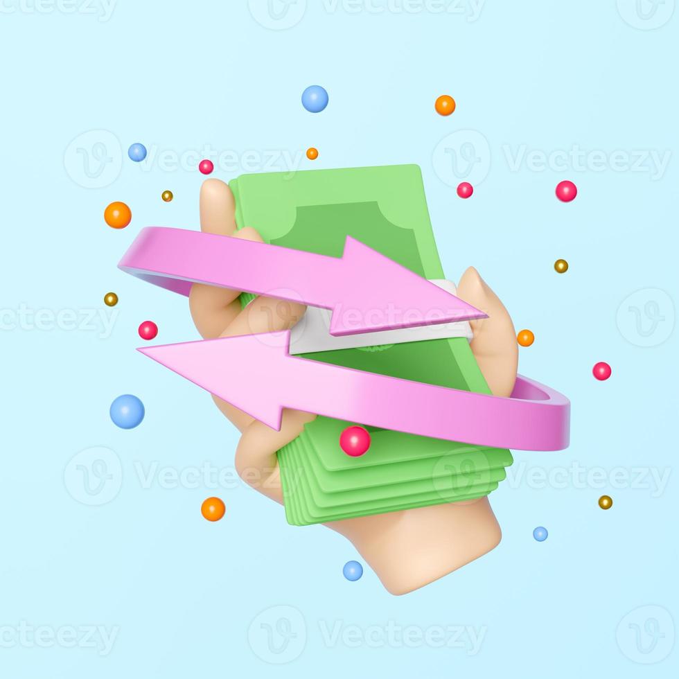 3D cartoon hands holding banknote stack  isolated on blue. quick credit approval, loan approval transfer, arrows, cashback, saving money wealth business, 3d render illustration, clipping path photo