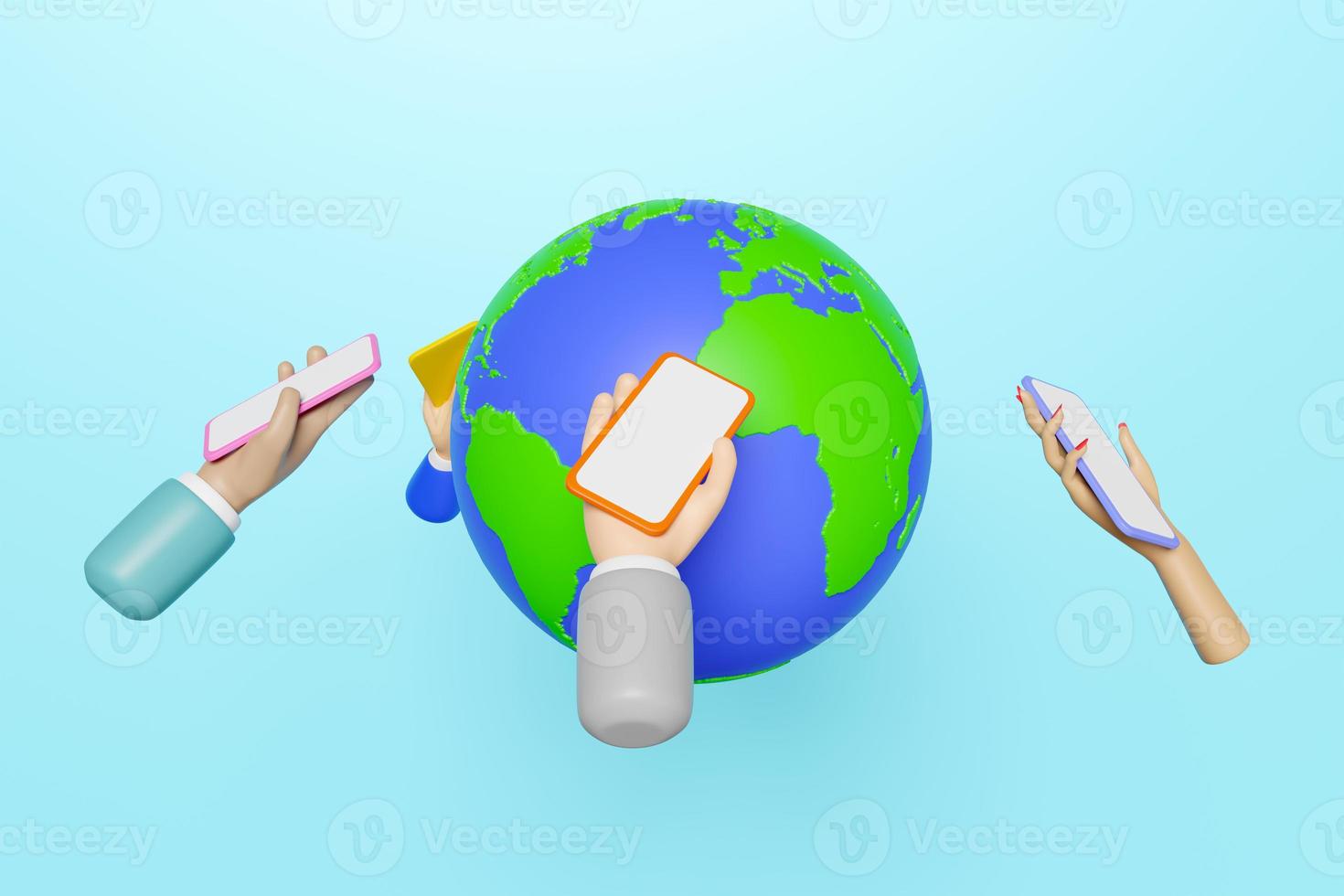 3d many hands holding smartphone with earth isolated on blue background. online social, communication applications seo concept, 3d render illustration, clipping path photo