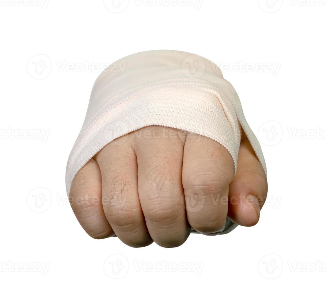 closeup right hand fist with elastic bandage isolated on white background,clipping path photo