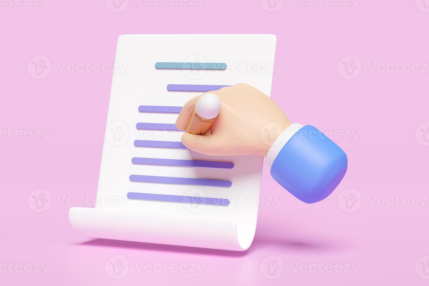 3d checklist with businessman hands holding pencil, clipboard, isolated on blue background. concept 3d render illustration, clipping path photo