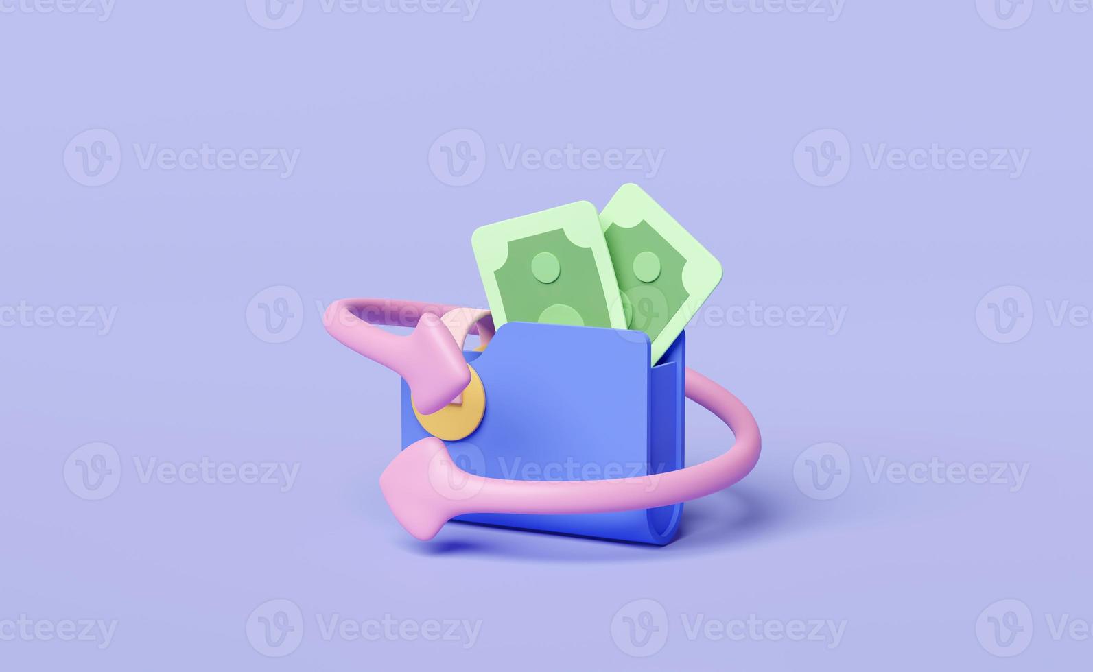 3d wallet with money banknote isolated on purple background. transfer arrows, cashback, saving money wealth business, cashback money refund concept, 3d render illustration photo