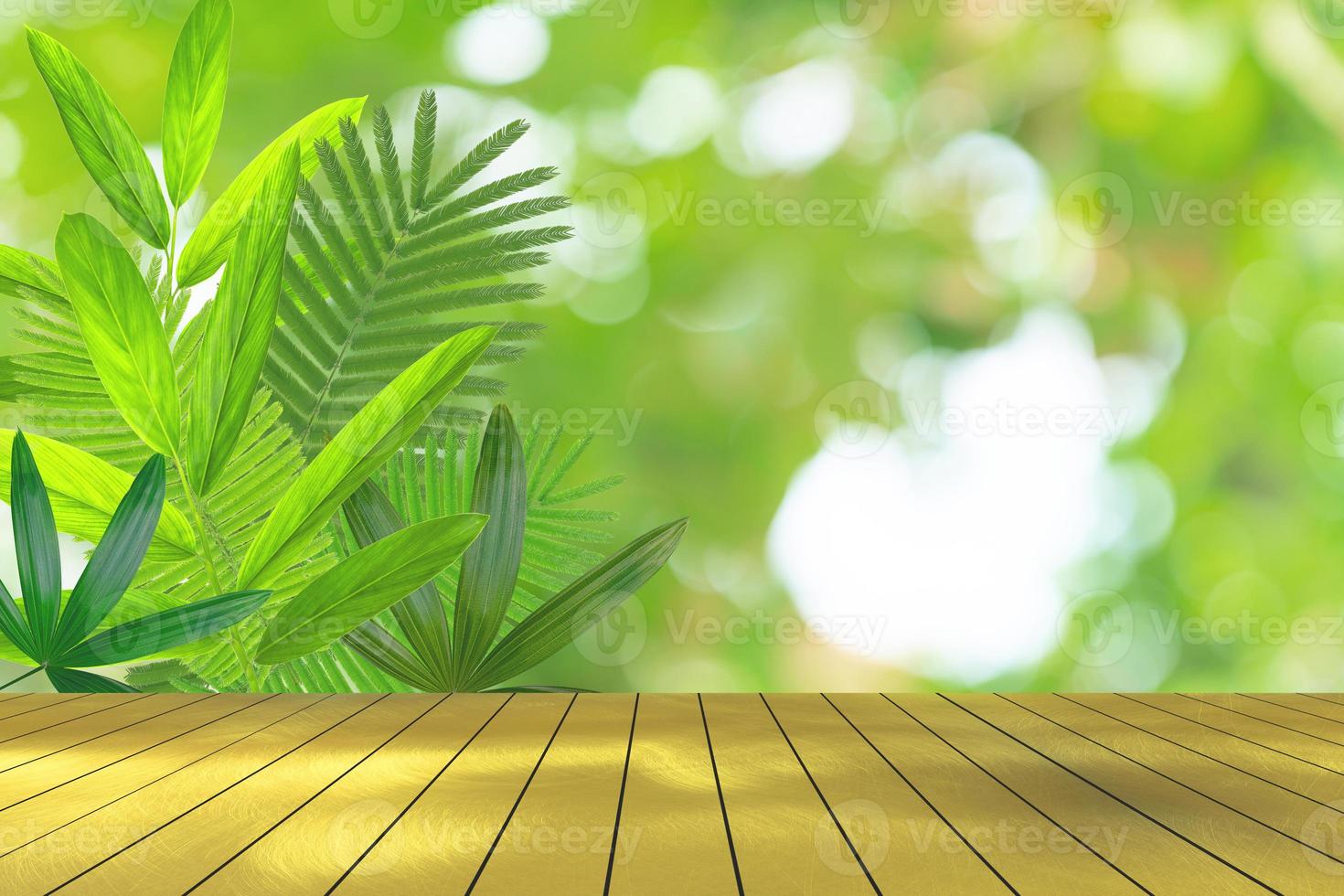 top golden metal desk with blur green leaves pattern for summer or spring season concept,leaf with natural bokeh textured background photo