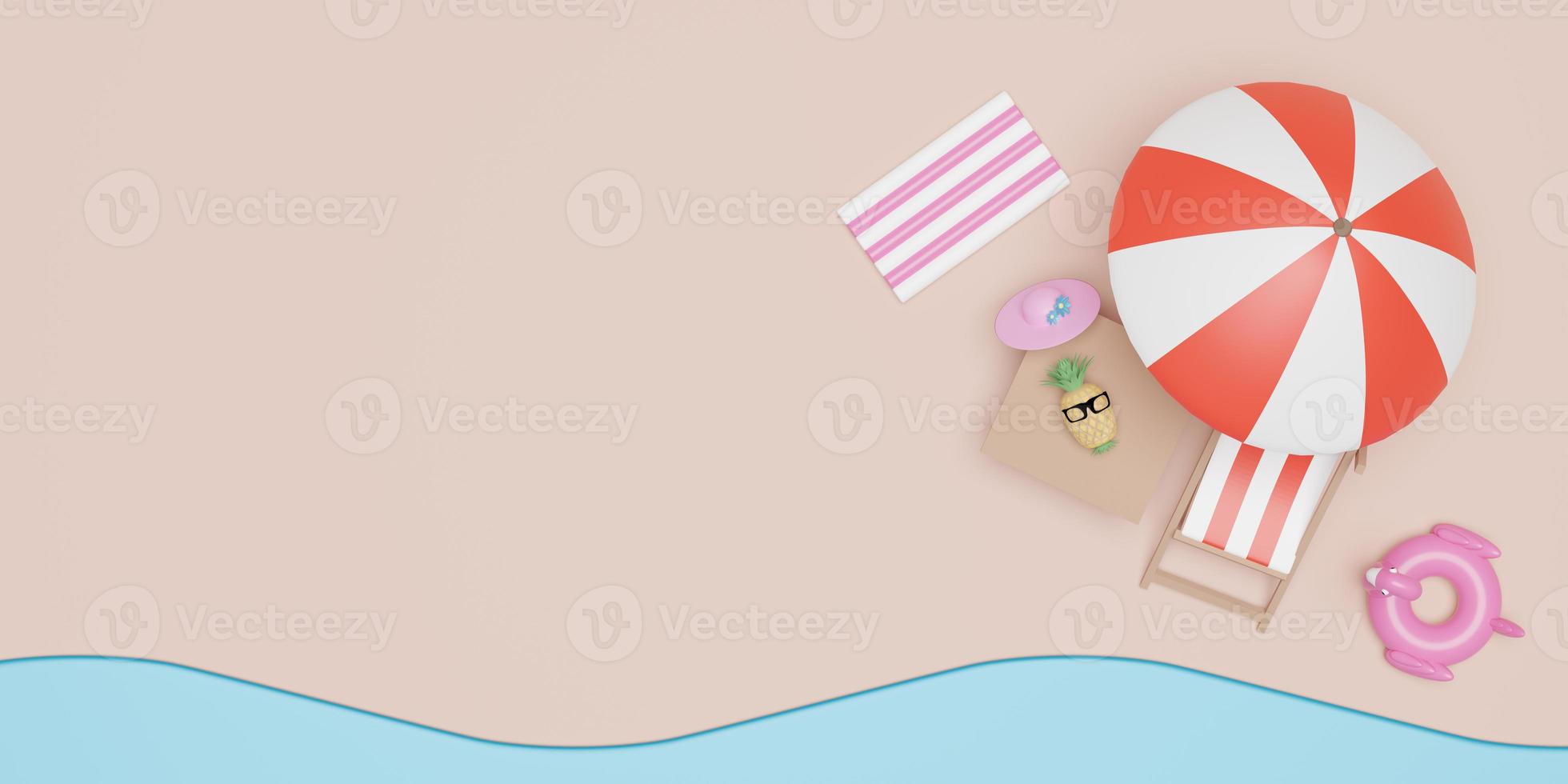 summer beach top view with beach chair,hat,Inflatable flamingo,rubber raft  landscape background concept ,3d illustration or 3d render photo