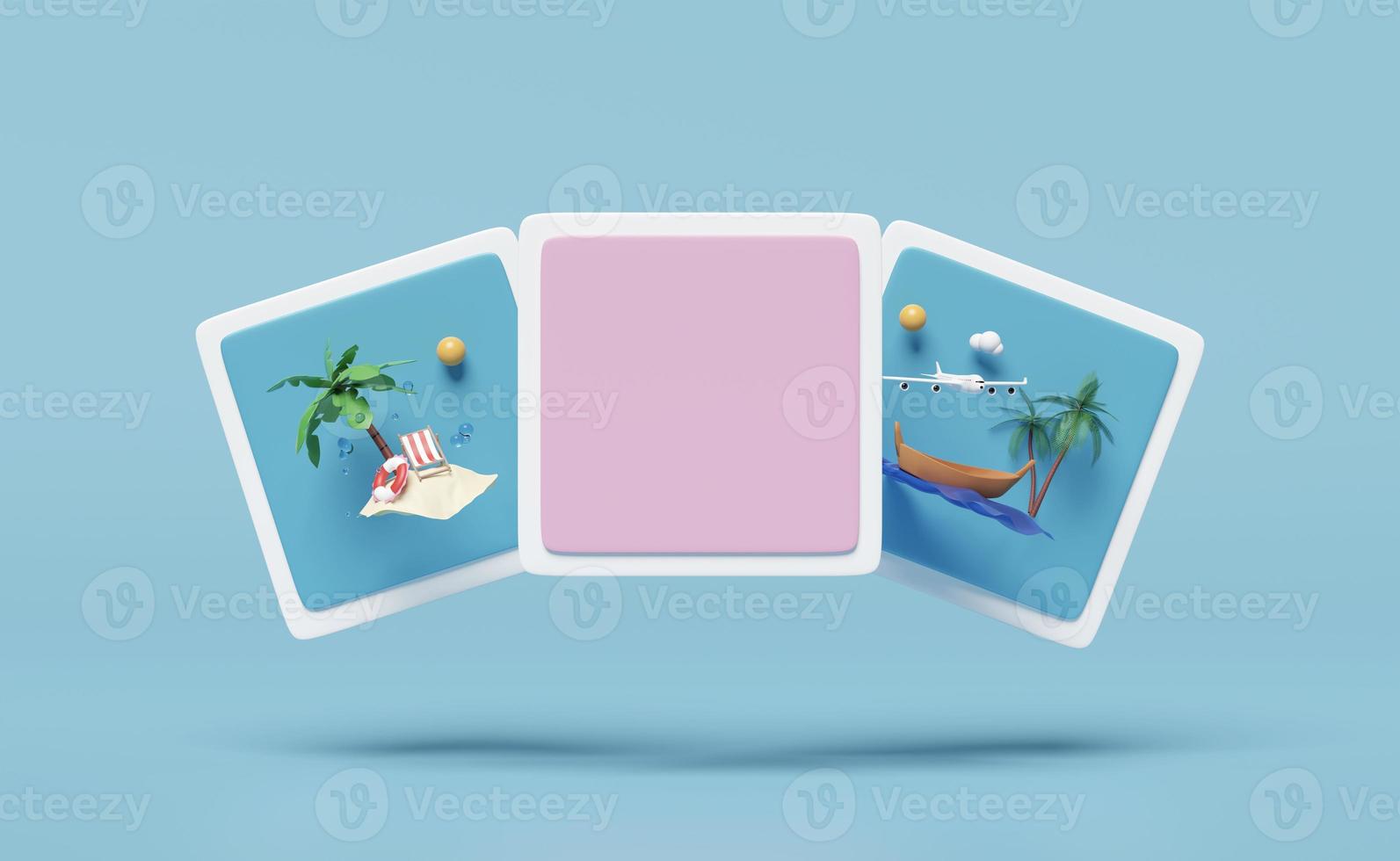 3D social media or communication online platform with lifebuoy, water splash, palm, play icons, photo frame isolated on blue background. summer travel, minimal template concept, 3d render illustration