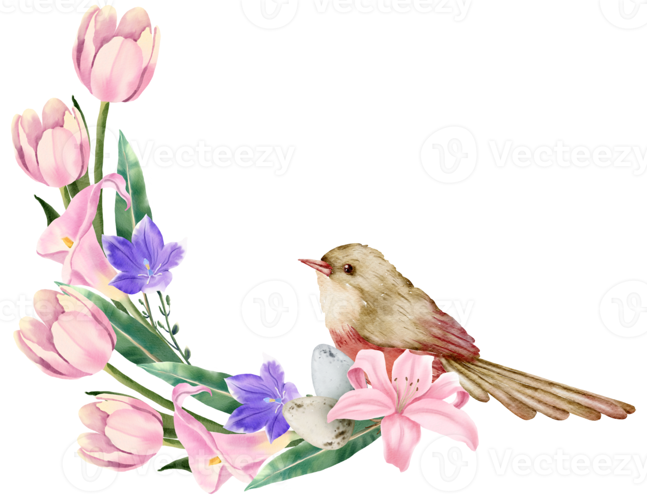 spring flower bouquet with little bird watercolor png
