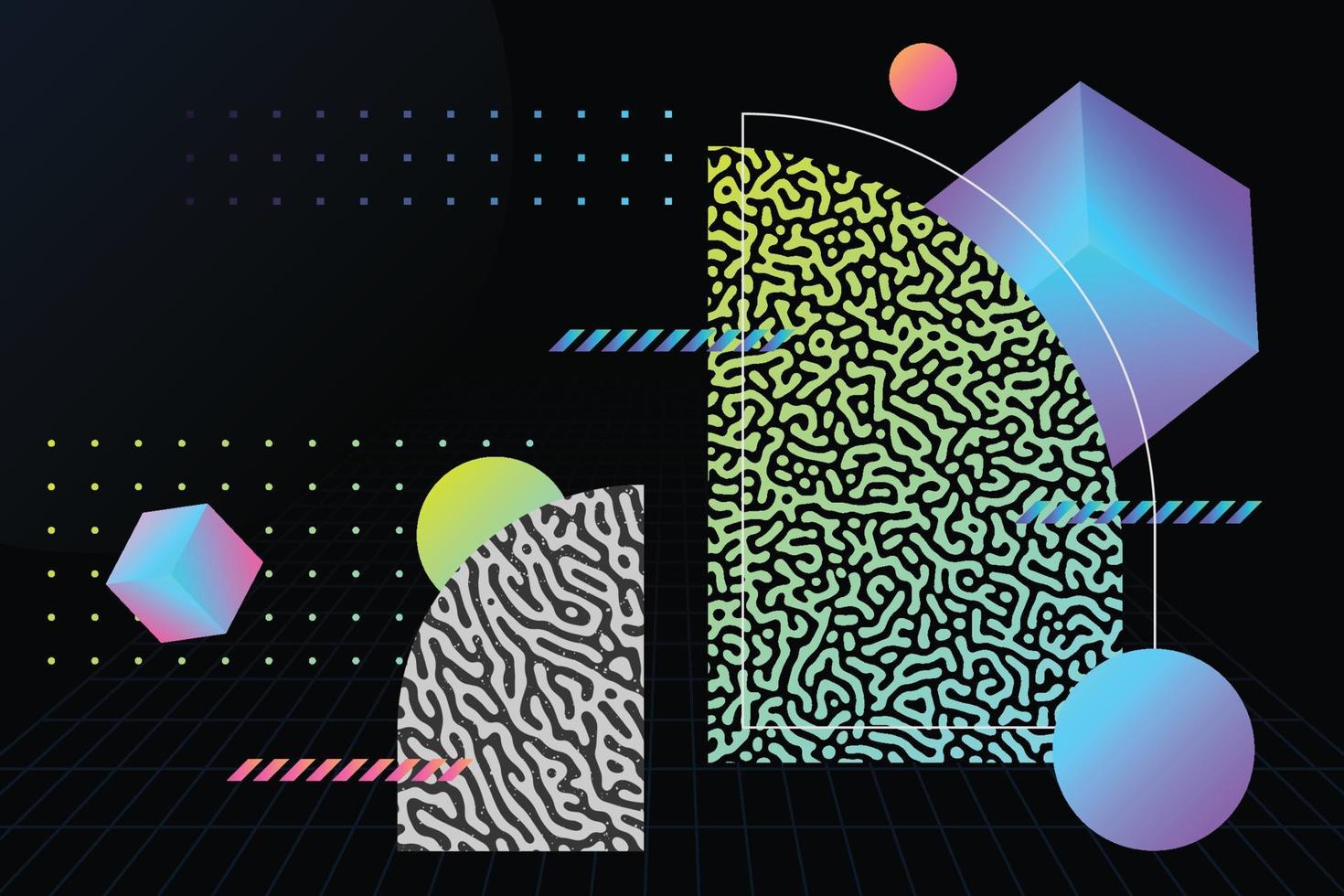 Abstract strange organic shape composition with decorative liquid iridescent gradient isometric geometric objects background illustration in futuristic style vector