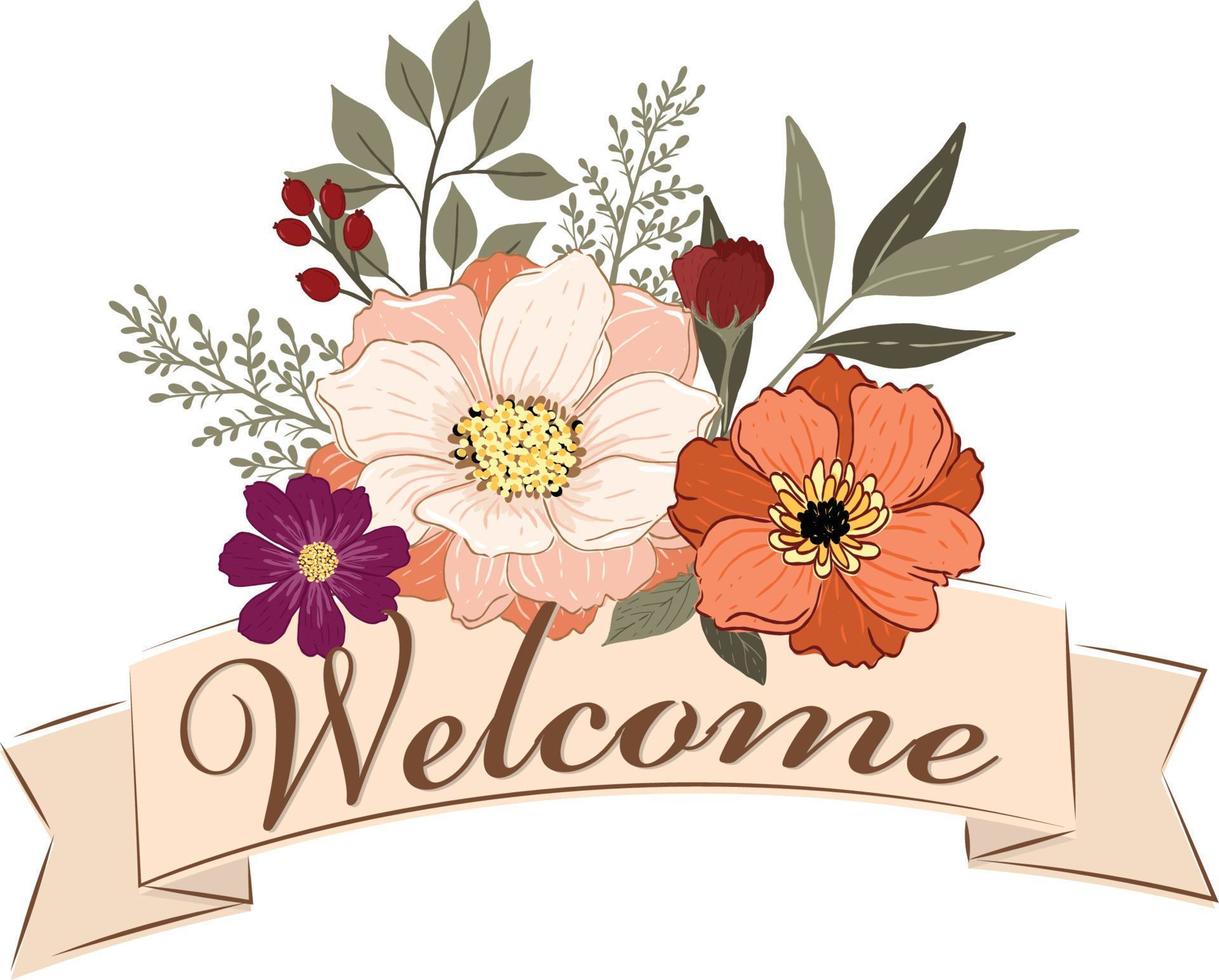 vector  welcome sing with hand drawn flower and leave