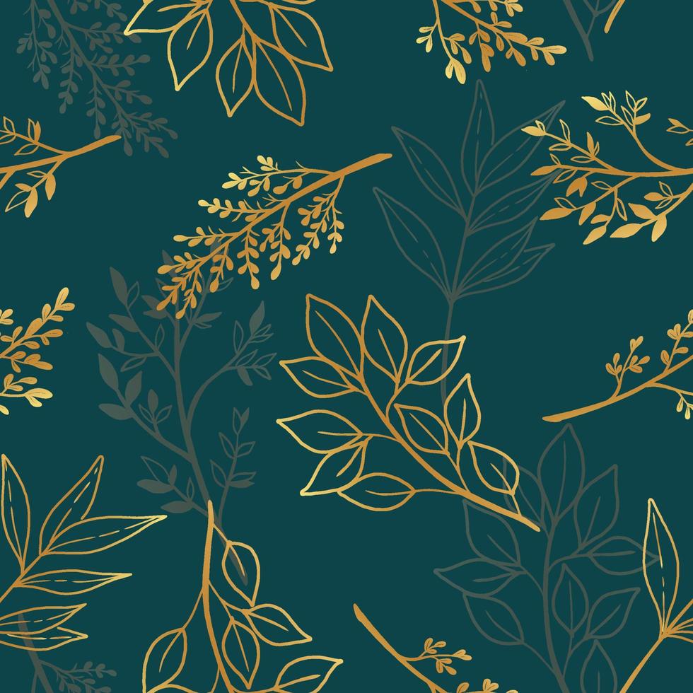 vector  seamless pattern golden leave on dark green color