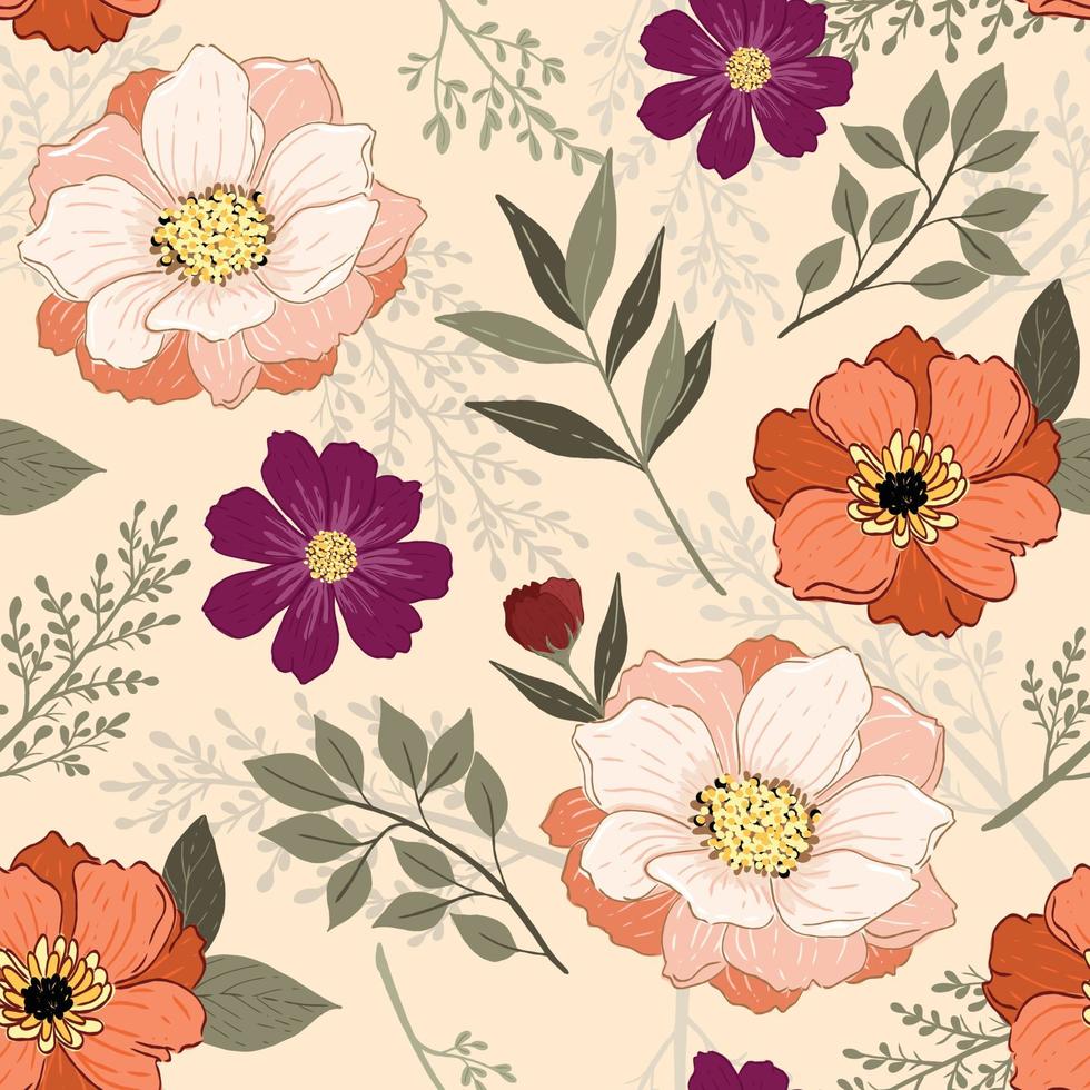 vector  seamless pattern with hand drawn flower and leave