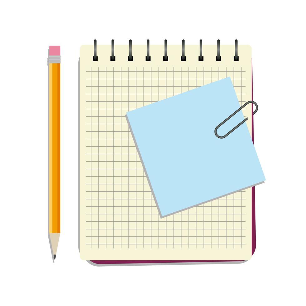 Notebook with blue notice paper and yellow pencil on a white background vector