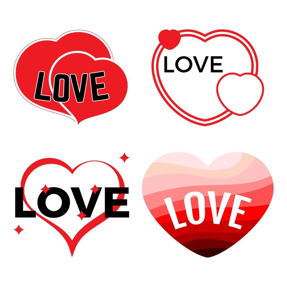 Set of four red hearts on a white background with inscription Love. Vector illustration.