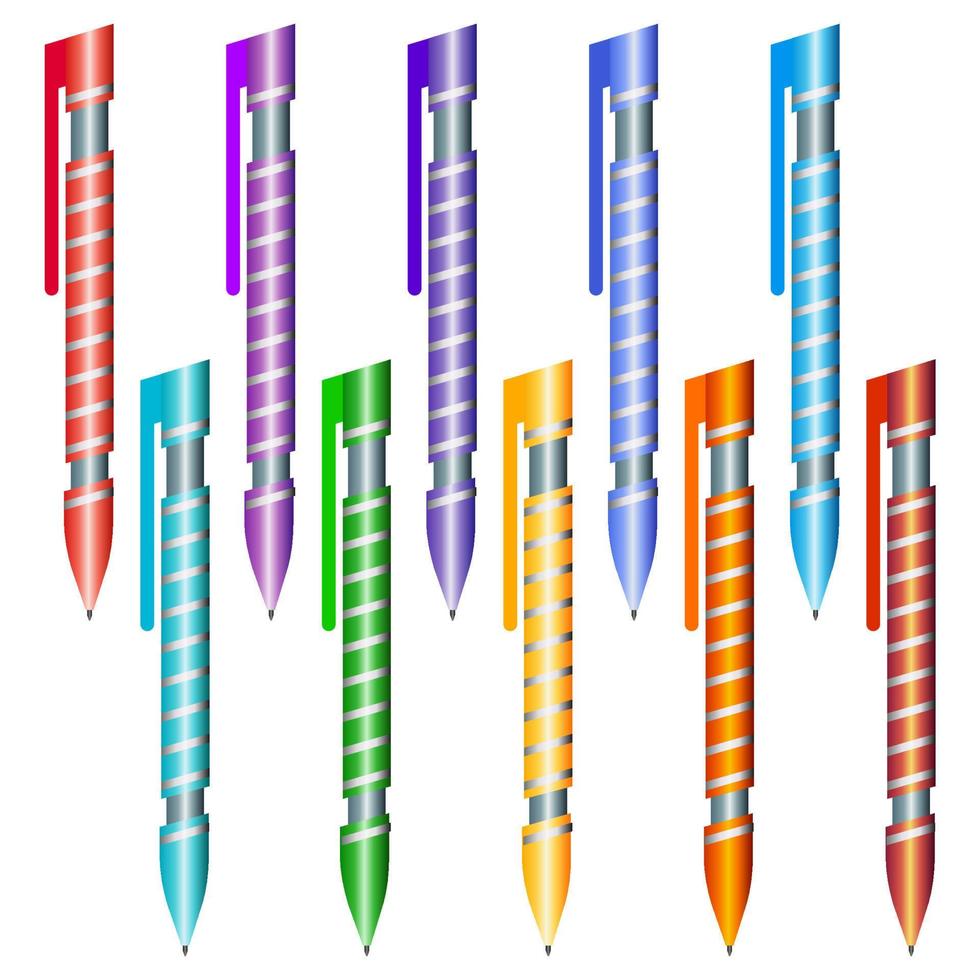 Set of multi-colored pens on a white background. Vector illustration.