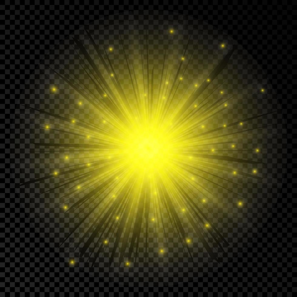 Light effect of lens flares. Yellow glowing lights starburst effects with sparkles vector