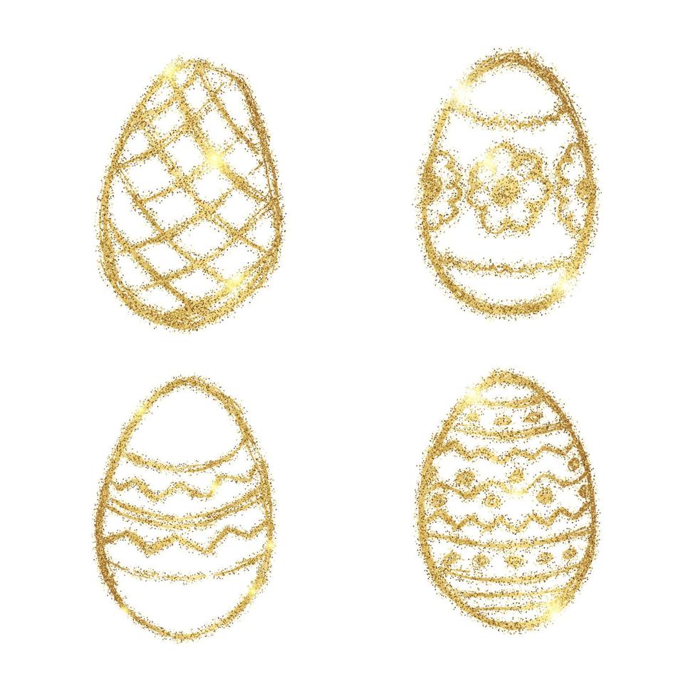 Set of Four Hand Drawn Easter Eggs with Gold Glitter Effect on a white background. Vector illustration