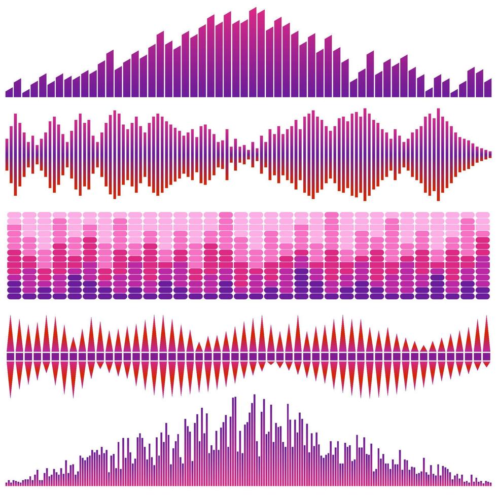 Vector set of red sound waves. Audio equalizer. Sound and audio waves isolated on white background