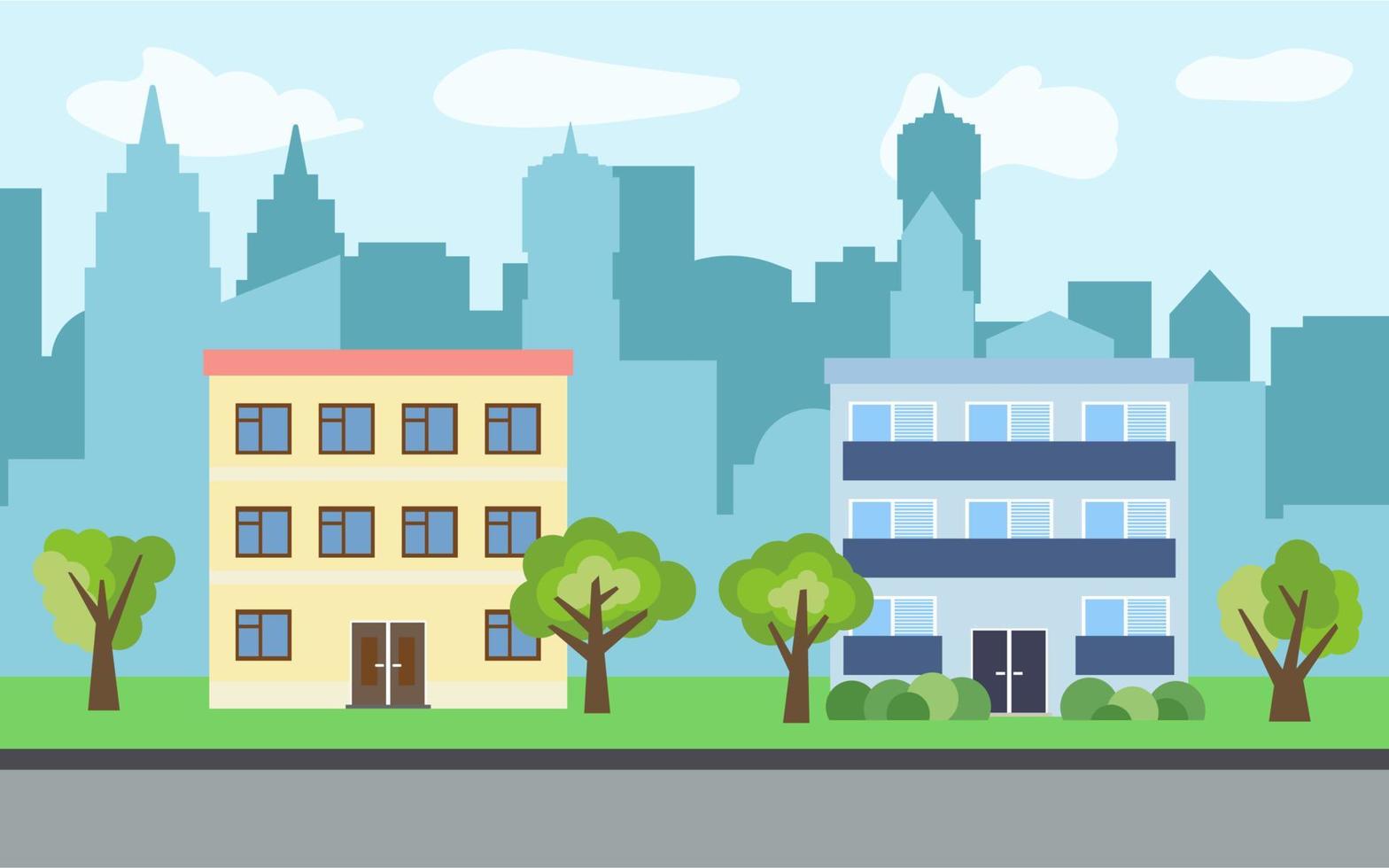 Vector city with two three-story cartoon houses and green trees in the sunny day. Summer urban landscape. Street view with cityscape on a background