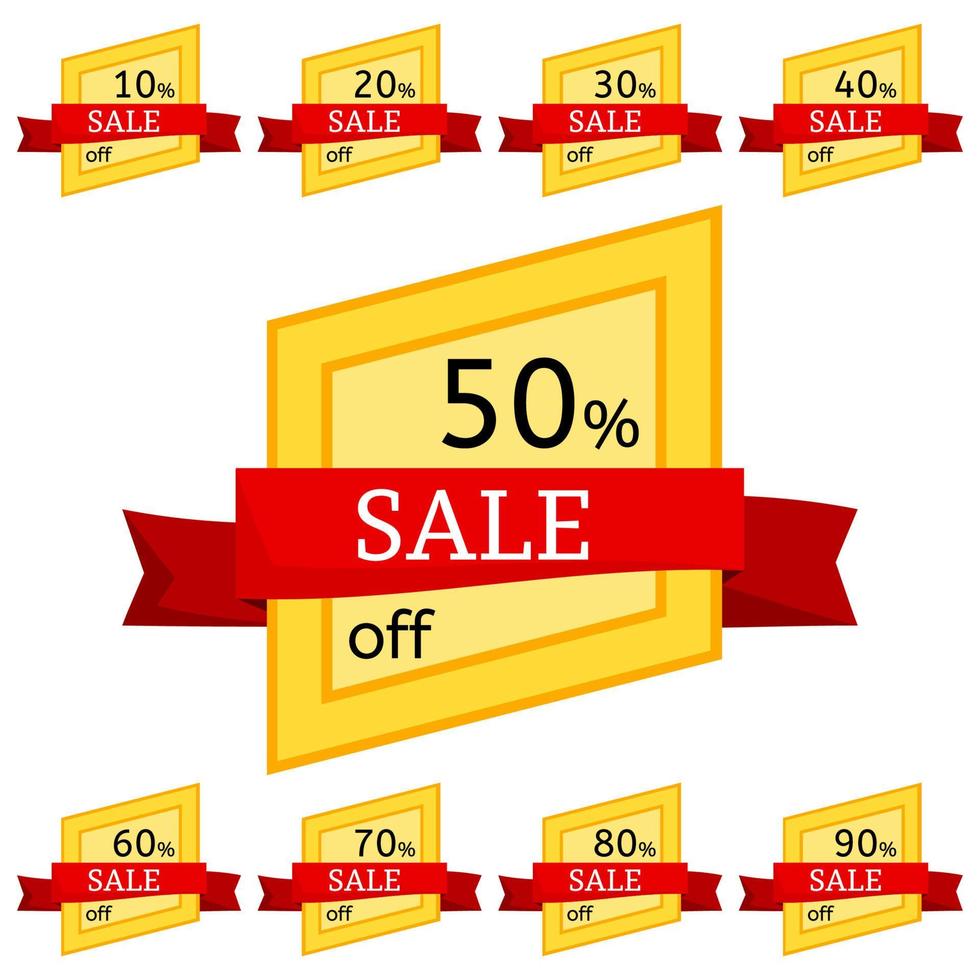 Set of discount stickers. Yellow badges with red ribbon for sale 10 - 90 percent off. Vector illustration.