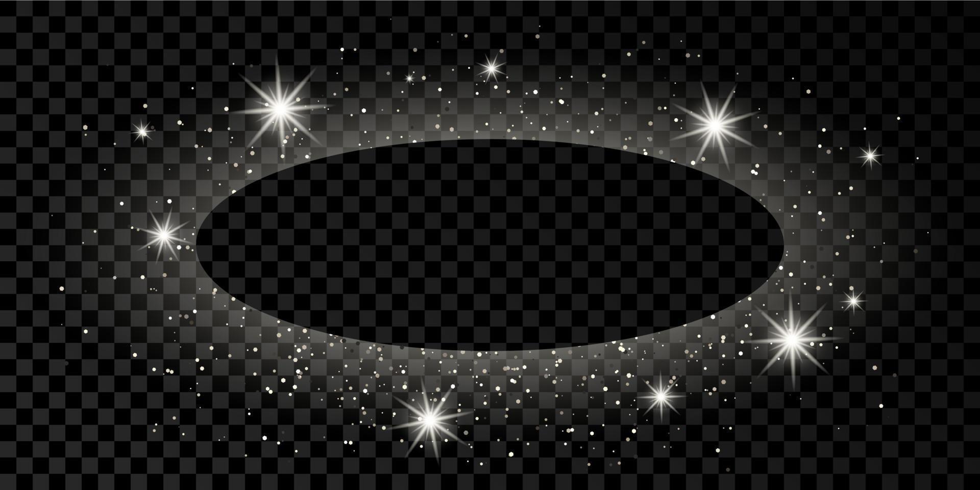 Silver oval frame with glitter, sparkles and flares on dark vector