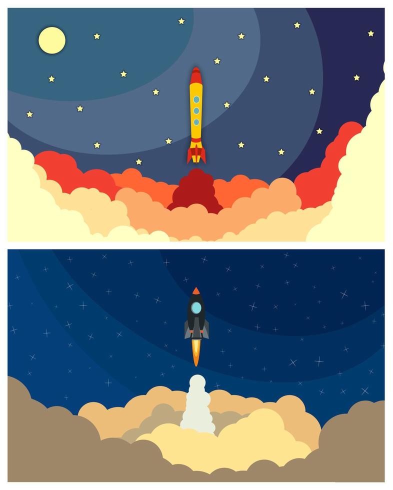 Set of space rocket launch. Vector illustration with flying rocket. Space travel. Project development. Creative idea.