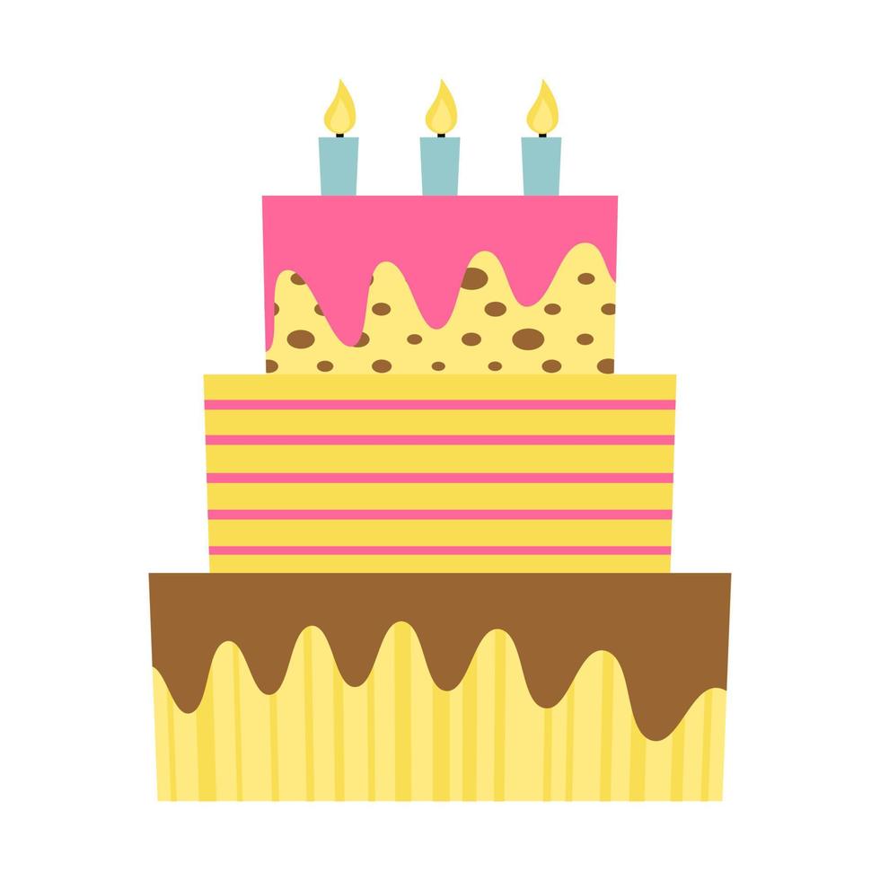 Sweet birthday cake with three burning candles. Colorful holiday dessert. Vector celebration background.