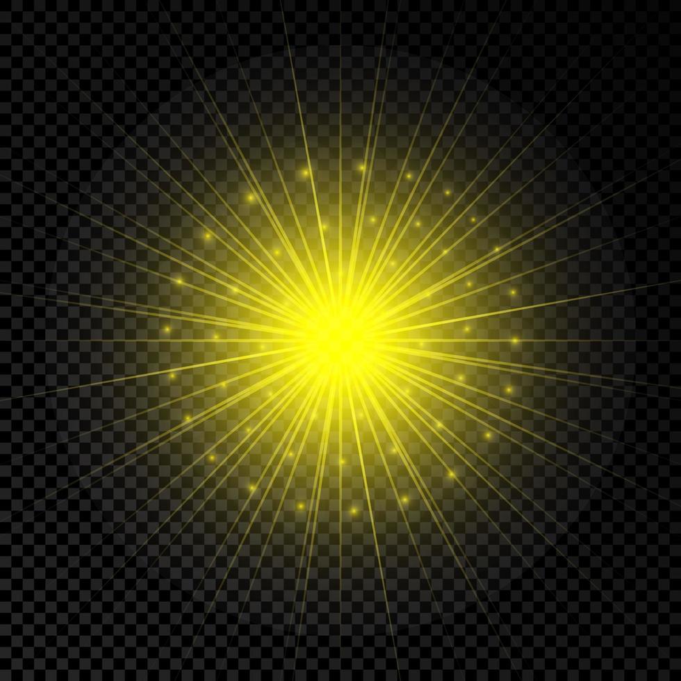 Light effect of lens flares. Yellow glowing lights starburst effects with sparkles vector