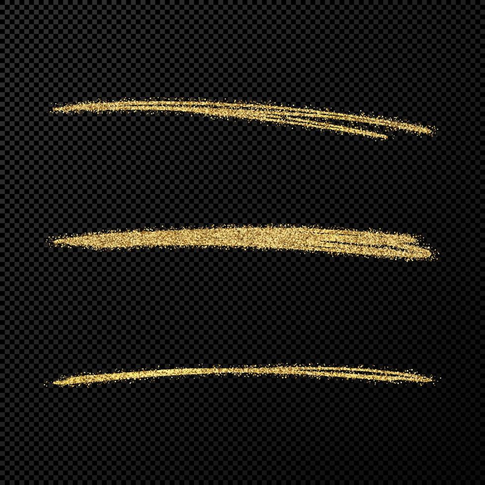 Abstract shiny confetti glittering waves. Set of three hand drawn brush golden strokes on black vector