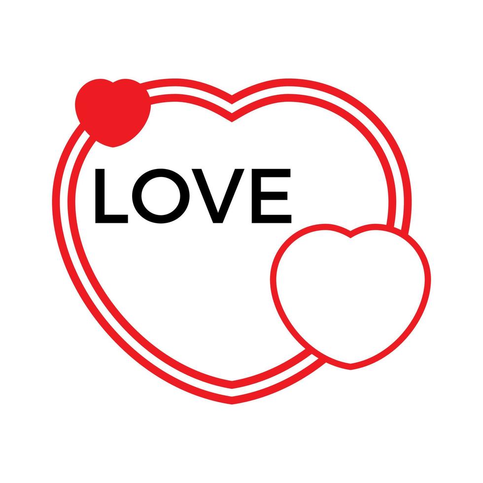 Three red hearts on a white background with black inscription Love. Vector illustration.