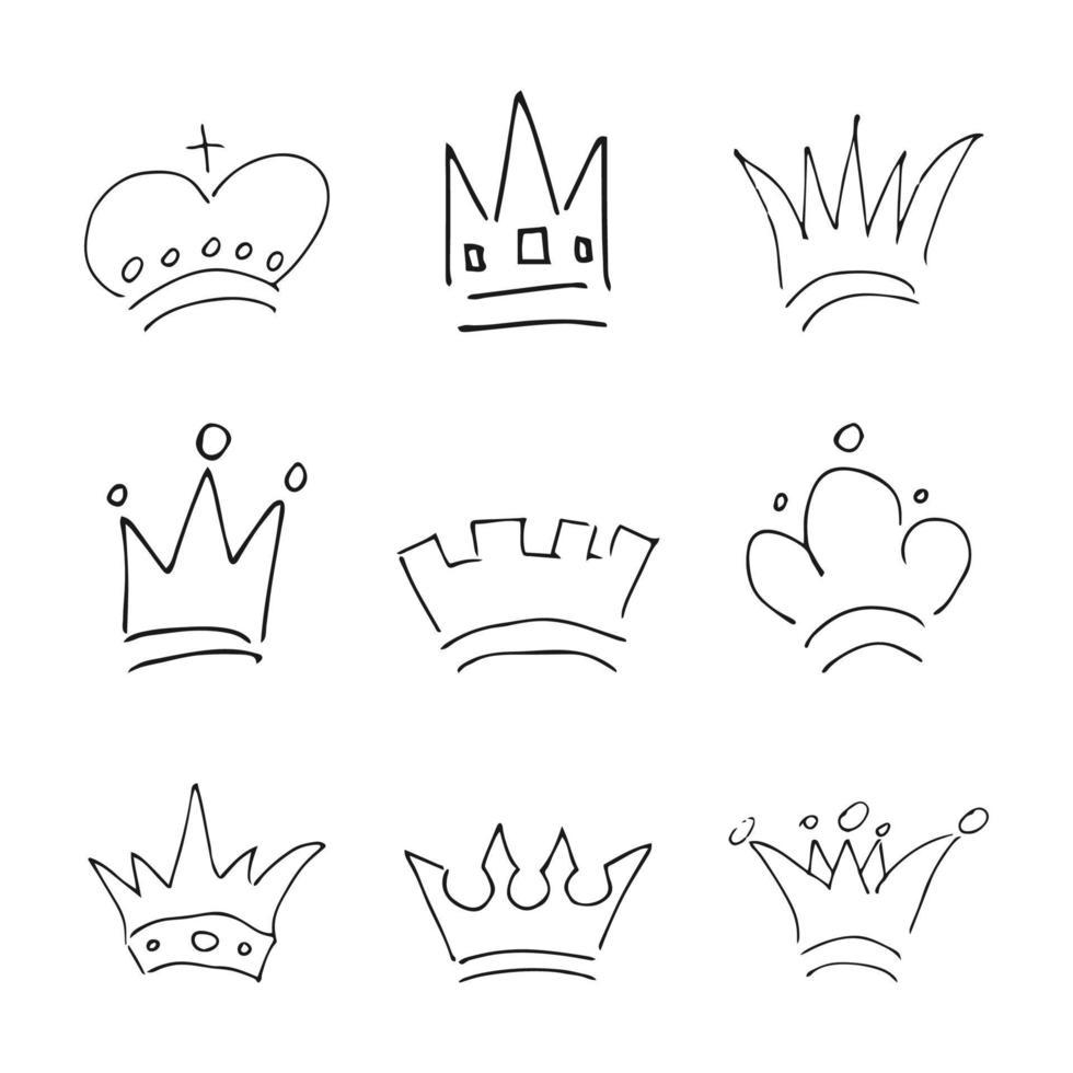 Hand drawn crowns. Set of nine simple graffiti sketch queen or king crowns. Royal imperial coronation and monarch symbols. Black brush doodle isolated on white background. Vector illustration.