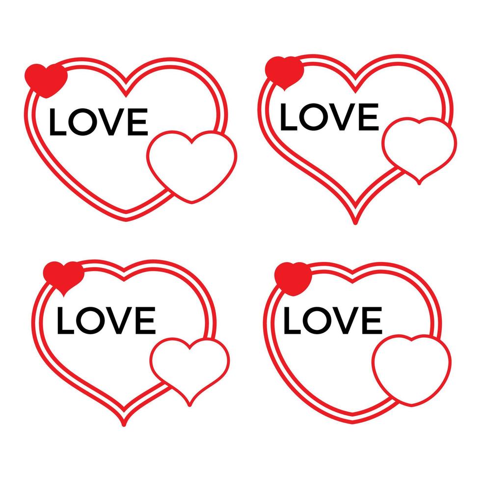 Set of four red hearts on a white background with black inscription Love. Vector illustration.