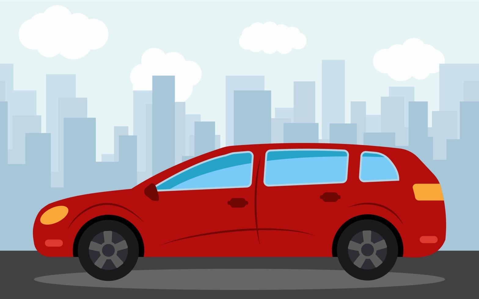 Red car in the background of skyscrapers in the afternoon. Vector illustration.